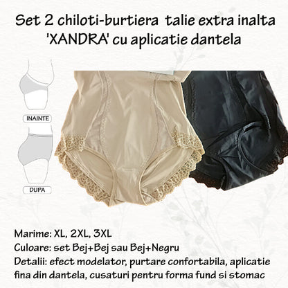 Set 2 chiloti burtiera 'XANDRA' cu benzi semi-transparente si dantela, talie extra inalta, marimi 2XL